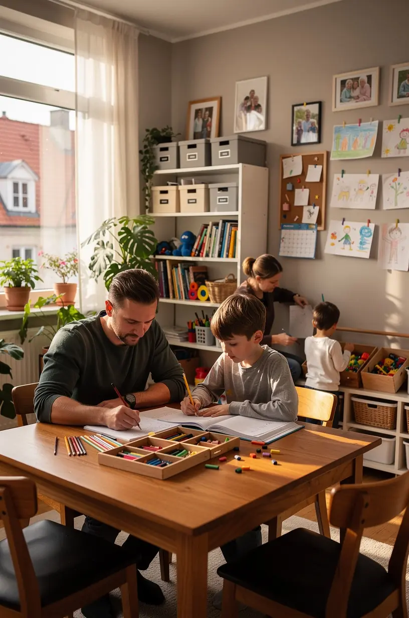 Kalendarz ścienny z kolorowymi notatkami przypominającymi o ważnych wydarzeniach